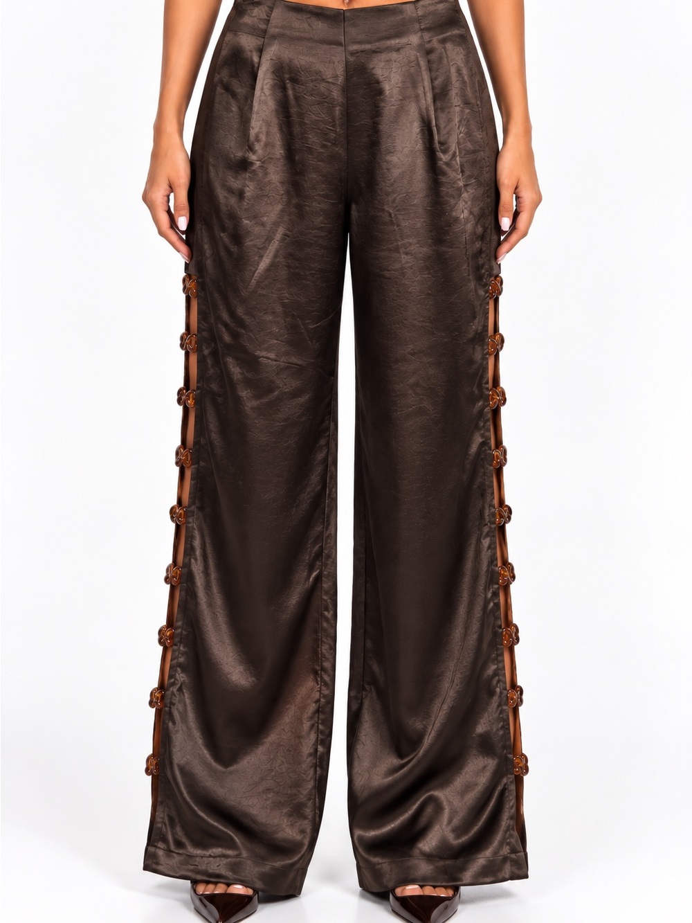 NWT Brown Satin Wide Leg Pants Cutout Ring Detail Statement Pants